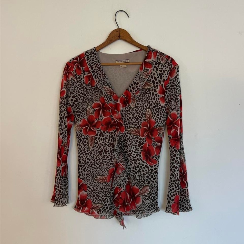 Y2K 100% Silk Sheer Bell Sleeve Ruffle Leopard Hibiscus Print Top - Picture 5 of 8